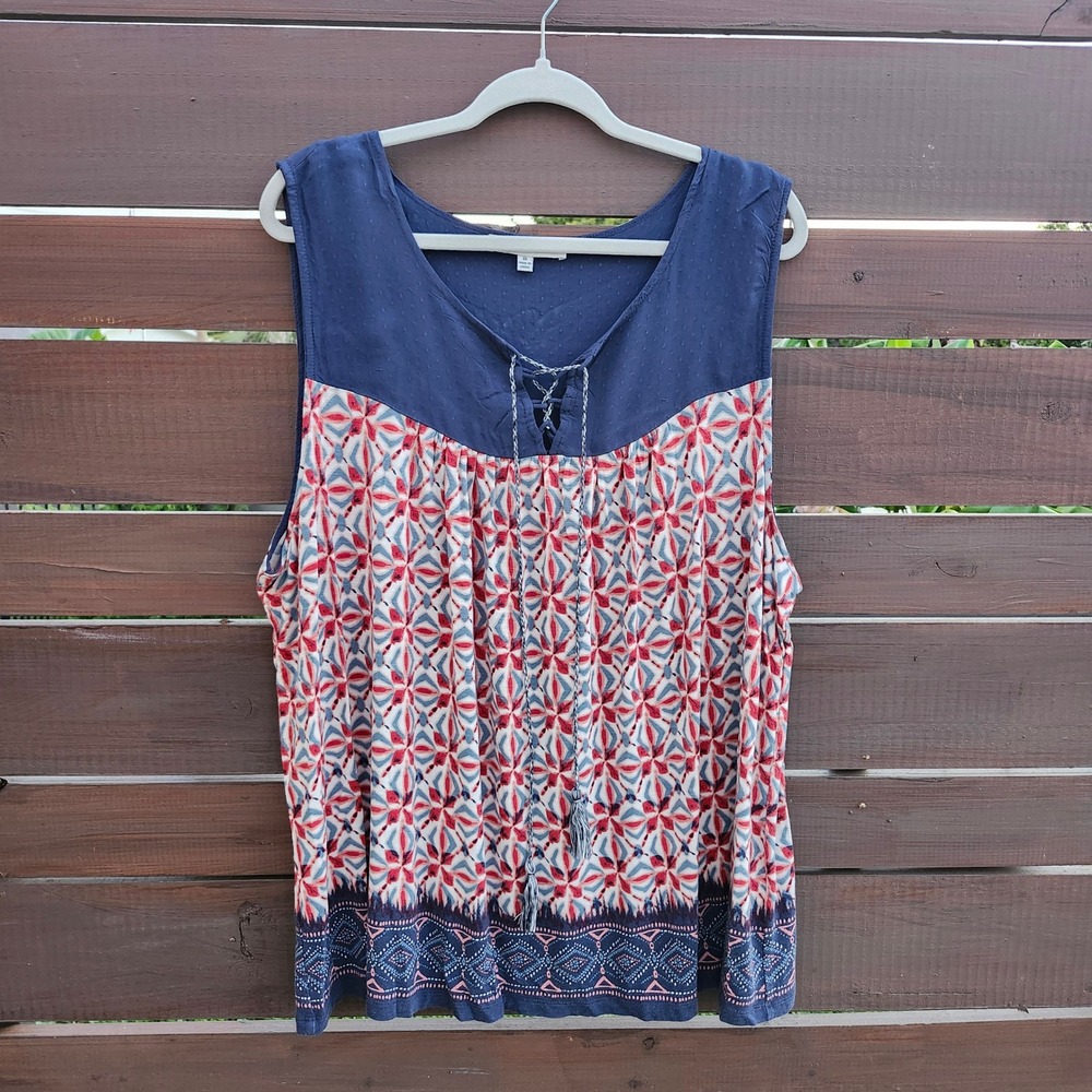 Rose & Olive 3X Sleeveless Top Blue Red Floral Lace Up Tassel Plus Size